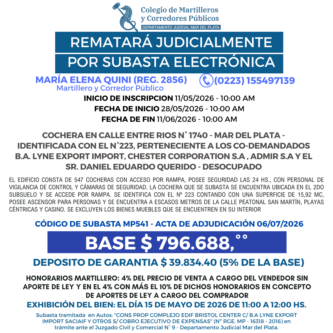 INMUEBLE calle Entre Rios N° 1740 -Mar del Plata - COCHERA identificada con el N°223
