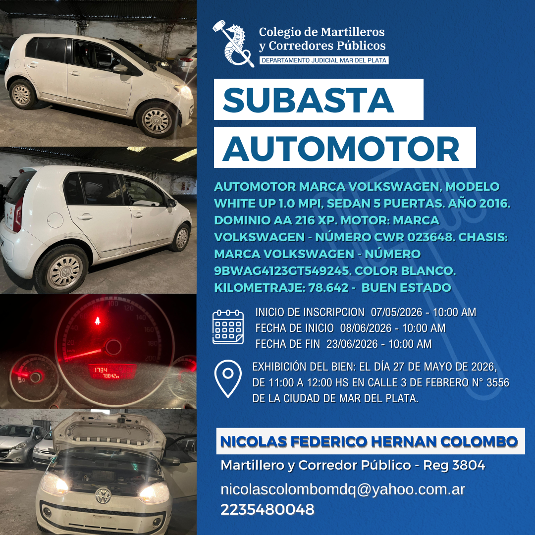 AUTOMOTOR marca VOLKSWAGEN, Modelo White UP 1.0 MPI, Sedan 5 Puertas. AÑO 2016.