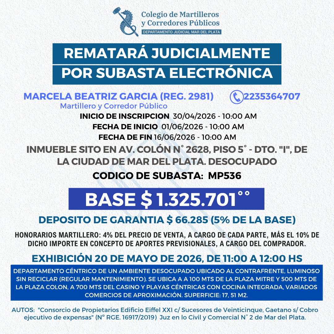 INMUEBLE sito en Av. Colón N° 2628, Piso 5° - Dto I, de Mar del Plata. DESOCUPADO