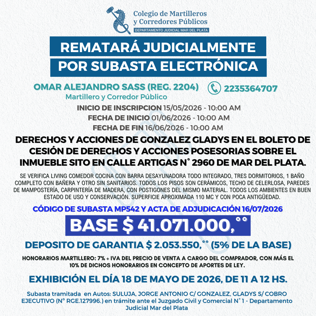 DERECHOS Y ACCIONES POSESORIAS s/INMUEBLE calle ARTIGAS N° 2960 - MAR DEL PLATA