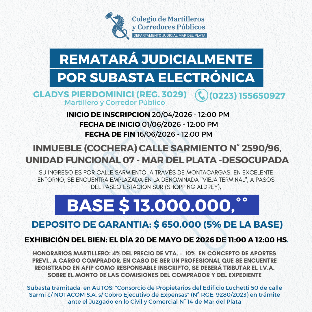 INMUEBLE (COCHERA) sito en calle SARMIENTO N°2590/96, Unidad Funcional 07, Mar del Plata.DESOCUPADA