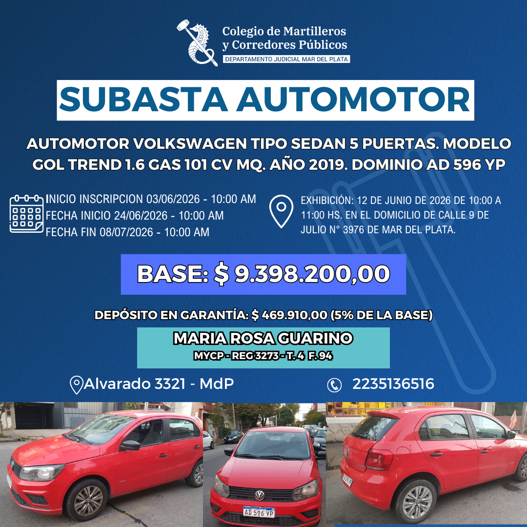 AUTOMOTOR Marca VOLKSWAGEN Tipo SEDAN 5 Ptas. Modelo GOL TREND 1.6 GAS. Año 2019.Dominio AD596YP