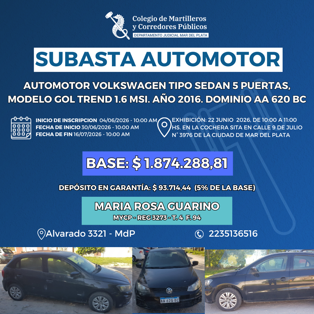 AUTOMOTOR  VOLKSWAGEN tipo Sedan 5 Ptas, modelo GOL TREND 1.6 MSI. Año 2016. DOMINIO AA 620 BC