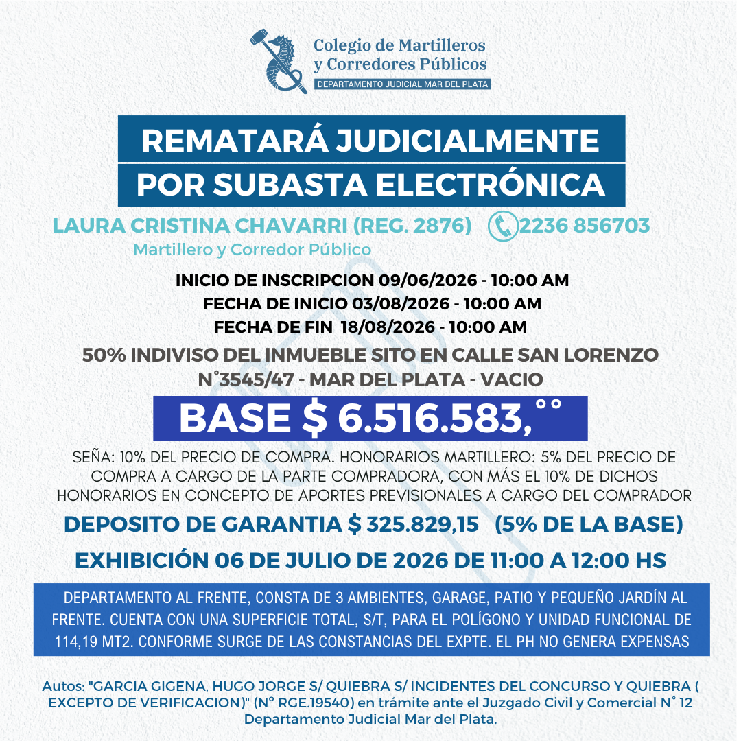 50% INDIVISO del INMUEBLE - San Lorenzo N° 3545/47 -  Mar del Plata. VACIO