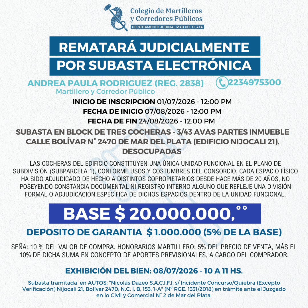 SUBASTA EN BLOCK de TRES COCHERAS - Bolívar N° 2470 - Mar del Plata