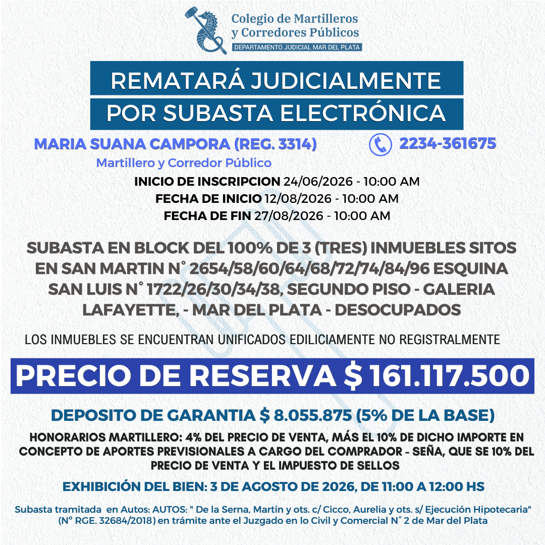 Subasta en BLOCK de los INMUEBLES - San Martín esq. San Luis, 2° piso. Mar del Plata