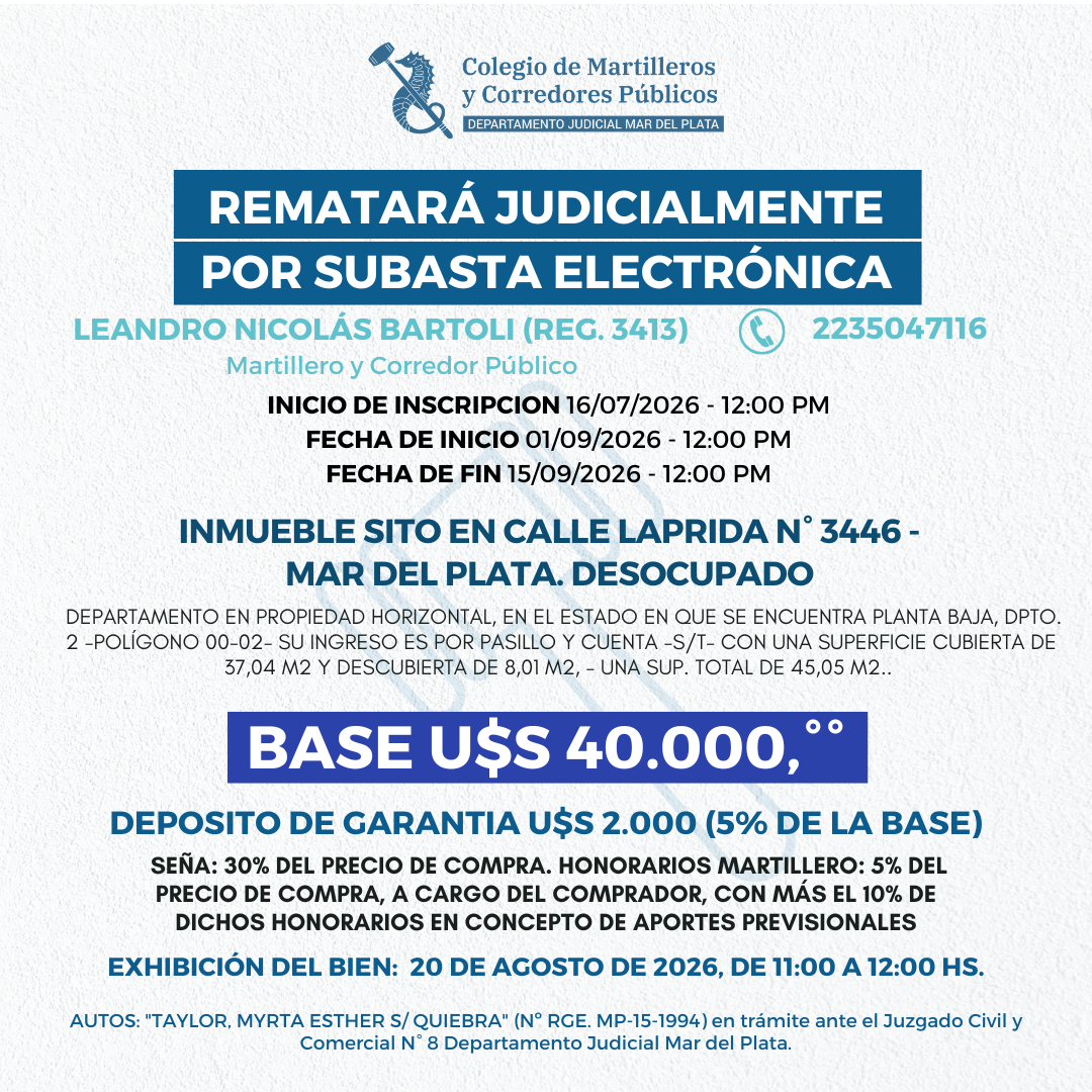 SUBASTA EN DÓLARES. INMUEBLE sito en calle Laprida N° 3446 de Mar del Plata. DESOCUPADO.