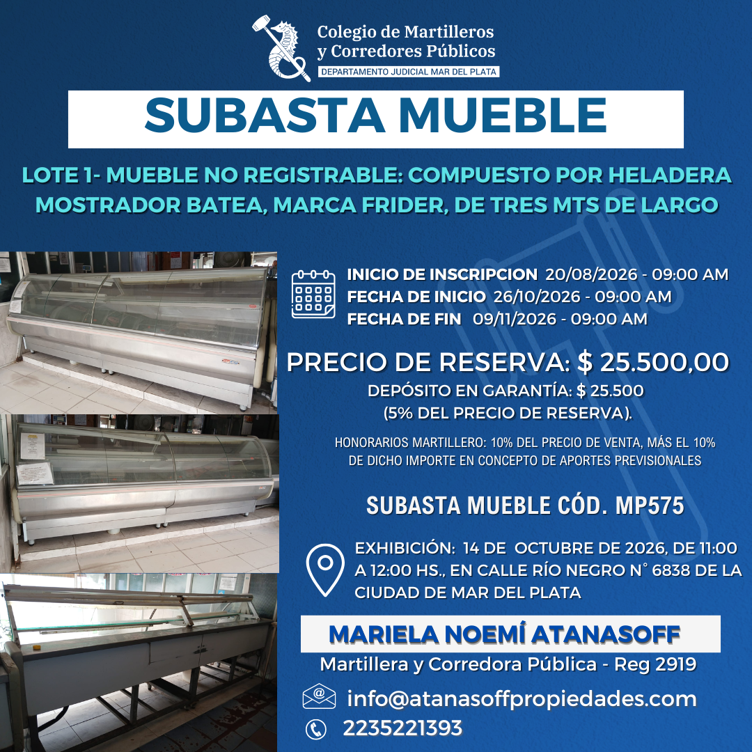 LOTE 1: HELADERA MOSTRADOR BATEA, MARCA FRIDER, de 3 METROS DE LARGO APROXIMADO