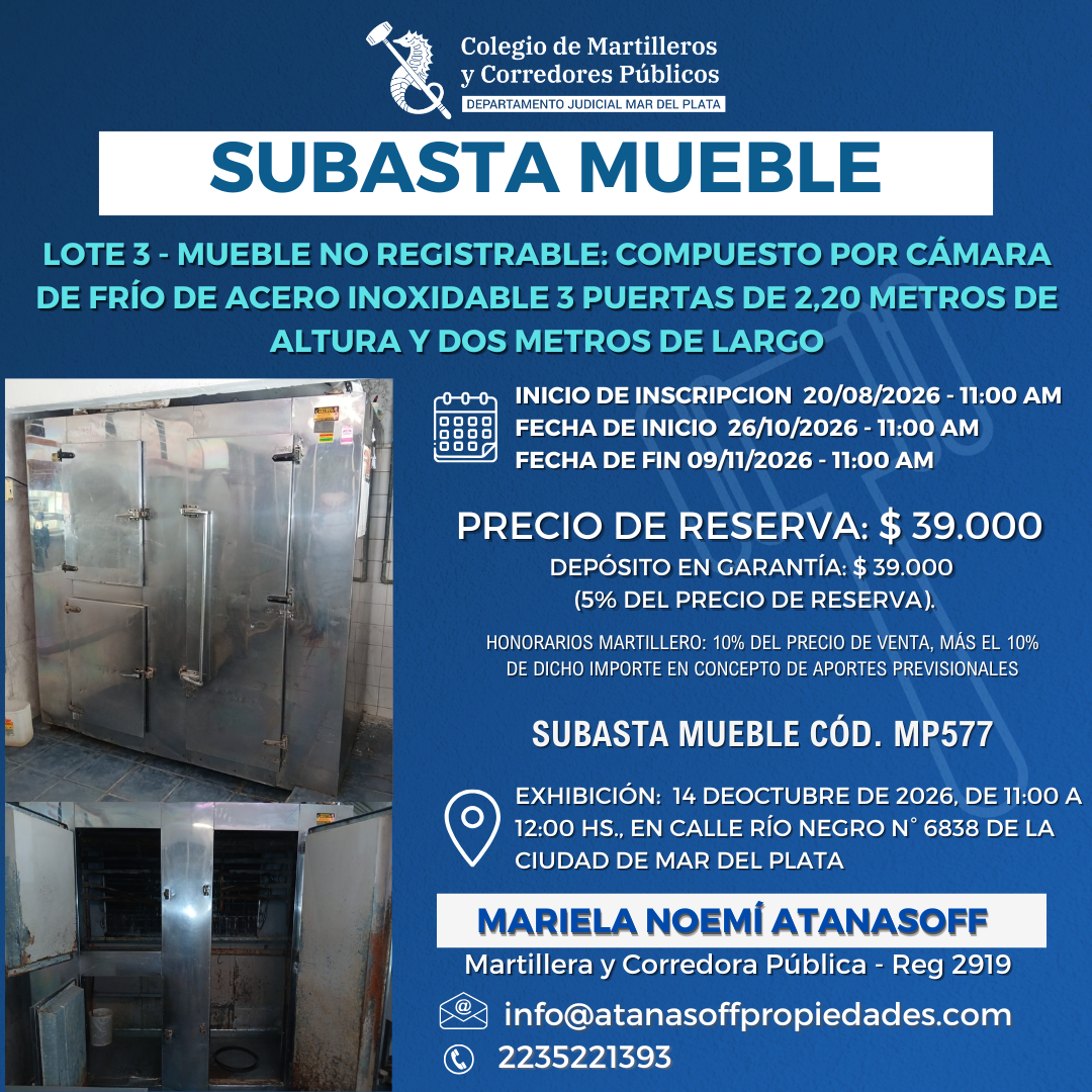 LOTE 3: CÁMARA DE FRÍO DE ACERO INOXIDABLE DE 3 PUERTAS, DE 2,20 METROS DE ALTURA Y DOS METROS DE LA
