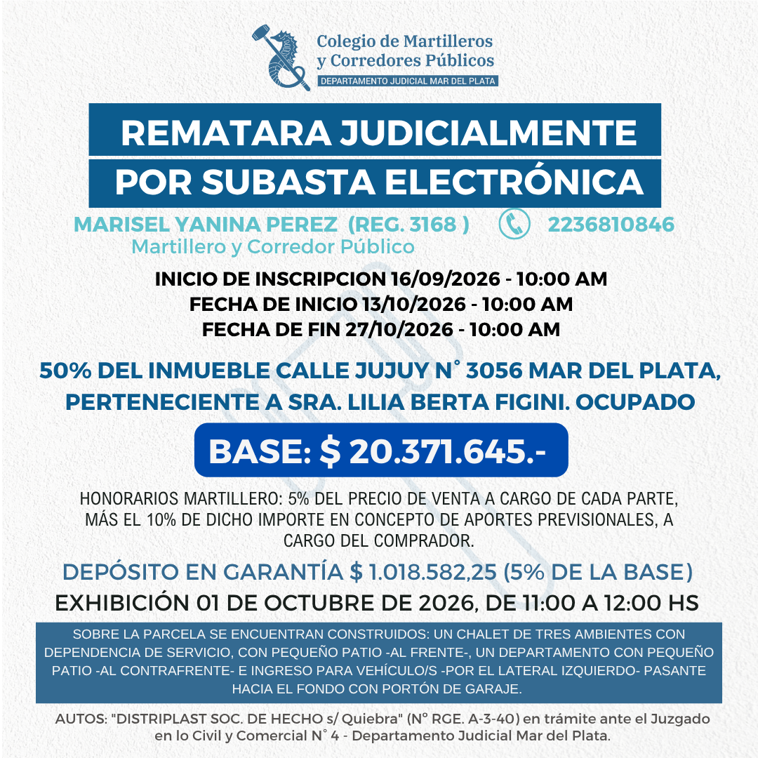 50% del INMUEBLE sito en calle JUJUY N° 3056 de MAR DEL PLATA. OCUPADO.