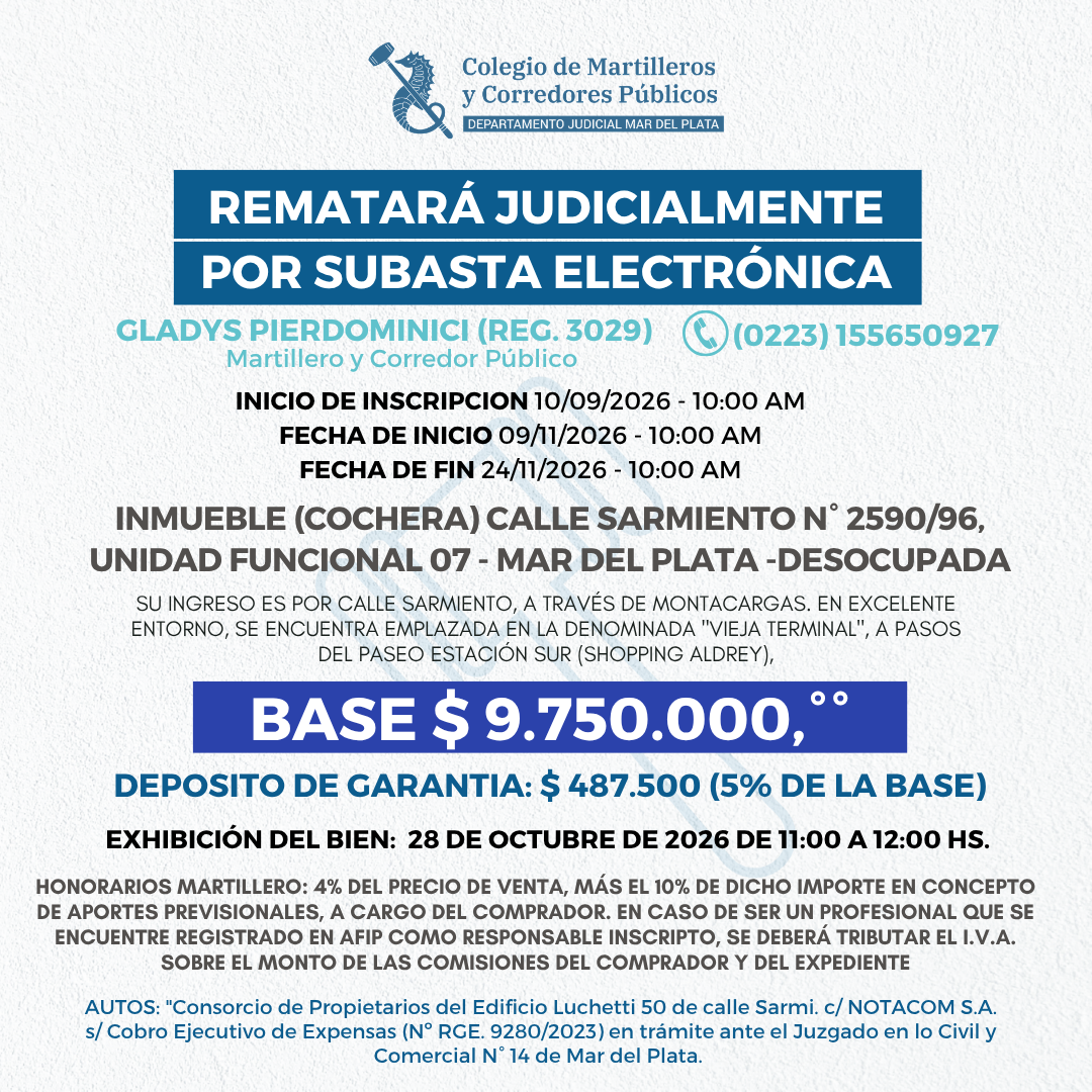 INMUEBLE (COCHERA) sito en calle Sarmieto N°2590/96 -Unidad Funcional 07. Mar del Plata. DESOCUPADA.
