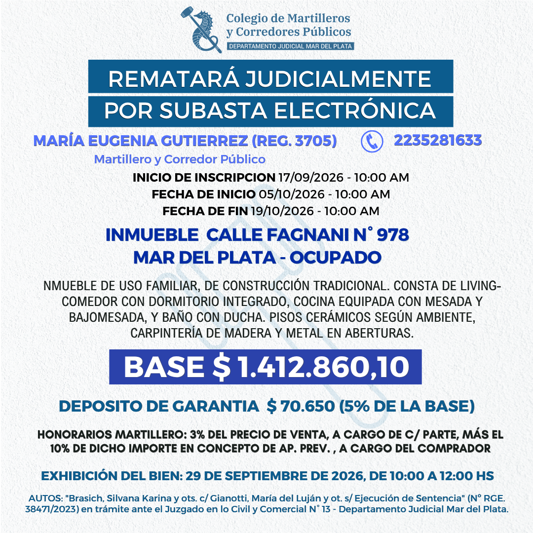 INMUEBLE sito en calle FAGNANI N° 978 de Mar del Plata. OCUPADO.