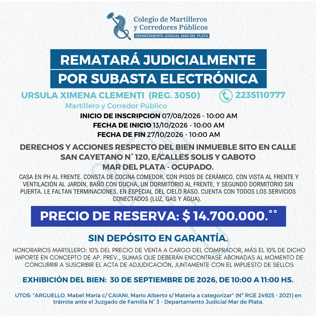 DERECHOS Y ACCIONES respecto del inmueble sito en calle San Cayetano N°120 de MAR DEL PLATA. OCUPADO