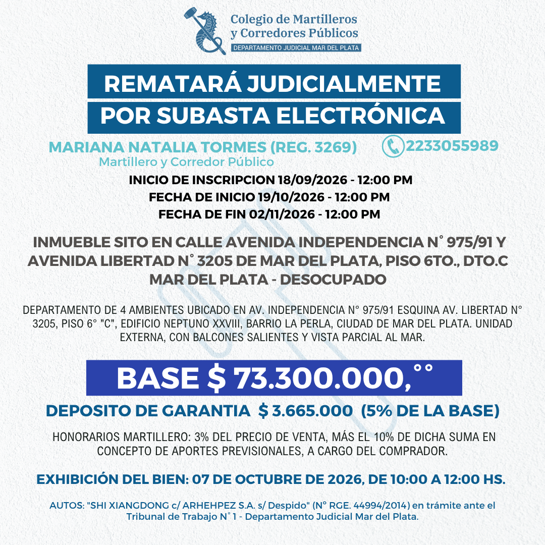 INMUEBLE sito en Av. Independencia N° 975/91 y Av. Libertad N° 3205 de Mar del Plata - Piso 6to. Dt