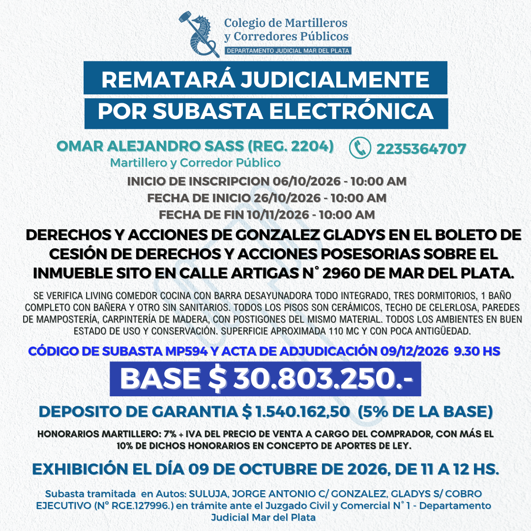 DERECHOS Y ACCIONES que corresponden a la demandada en BOLETO DE CESIÓN DE DCHOS Y ACCIONES POSESORIos sobre el INMUEBLE sito en calle ARTIGAS N° 2960 de la ciudad de MAR DEL PLATA. OCUPADO
