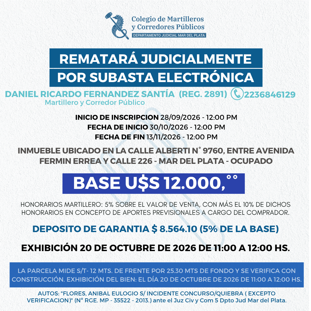 SUBASTA EN DOLARES. INMUEBLE sito en calle Alberti N°9760 de Mar del Plata. OCUPADO